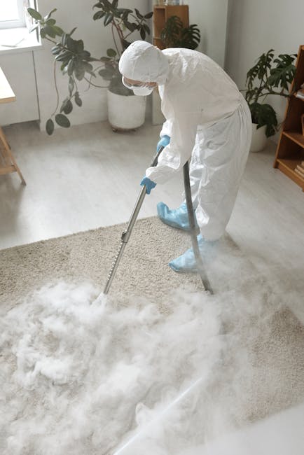 Close-up of a black vacuum cleaner head cleaning a patterned, plush carpet with floral motifs in a well-lit room. The vacuum cleaner is being operated by a person whose legs are visible, wearing casua